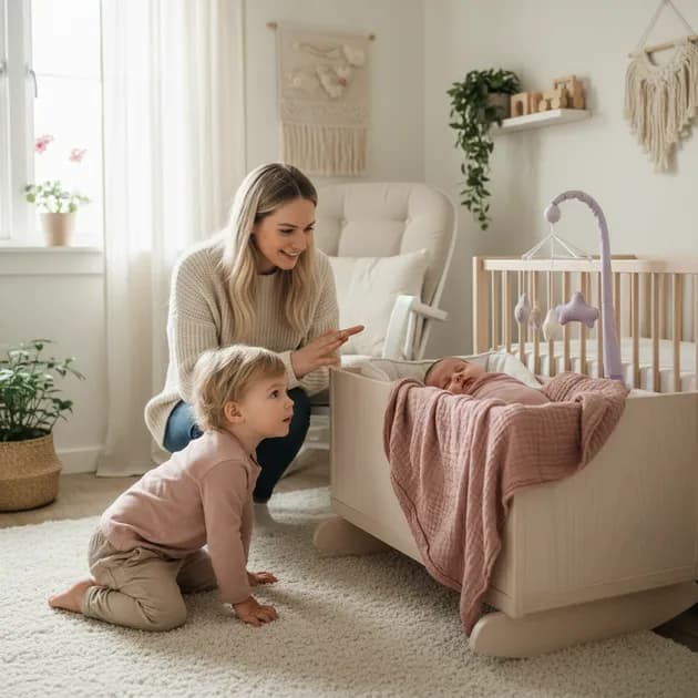 Storebror som ser på lillebror i mors fang med blandede følelser