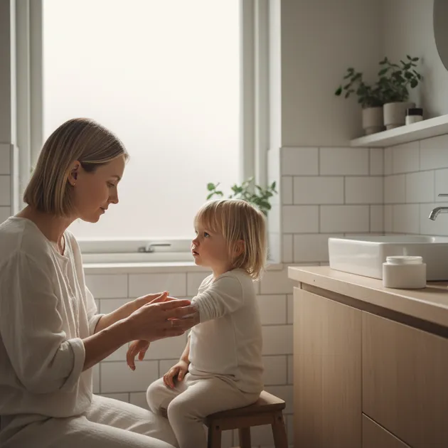 Forelder undersøker barnets hud hos legen