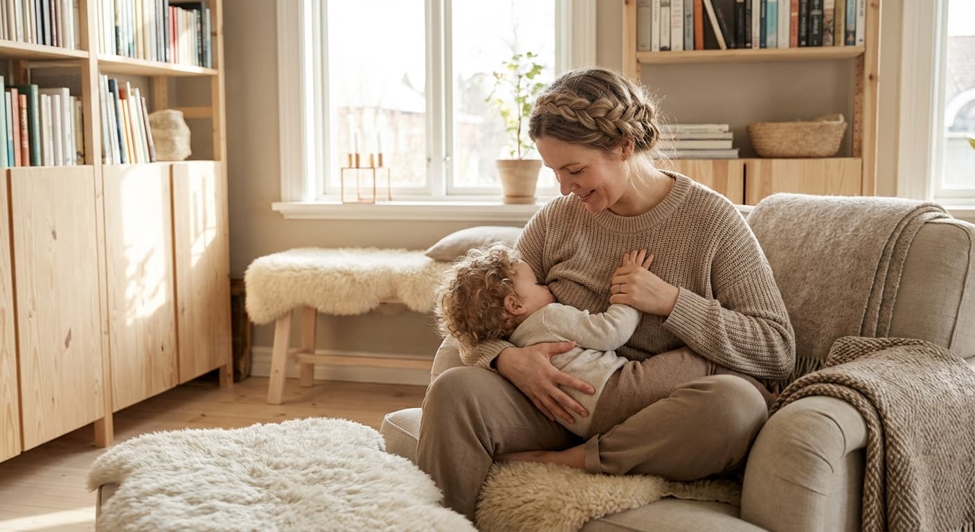 Mor og baby i en rolig stund sammen i en lys, nordisk stue