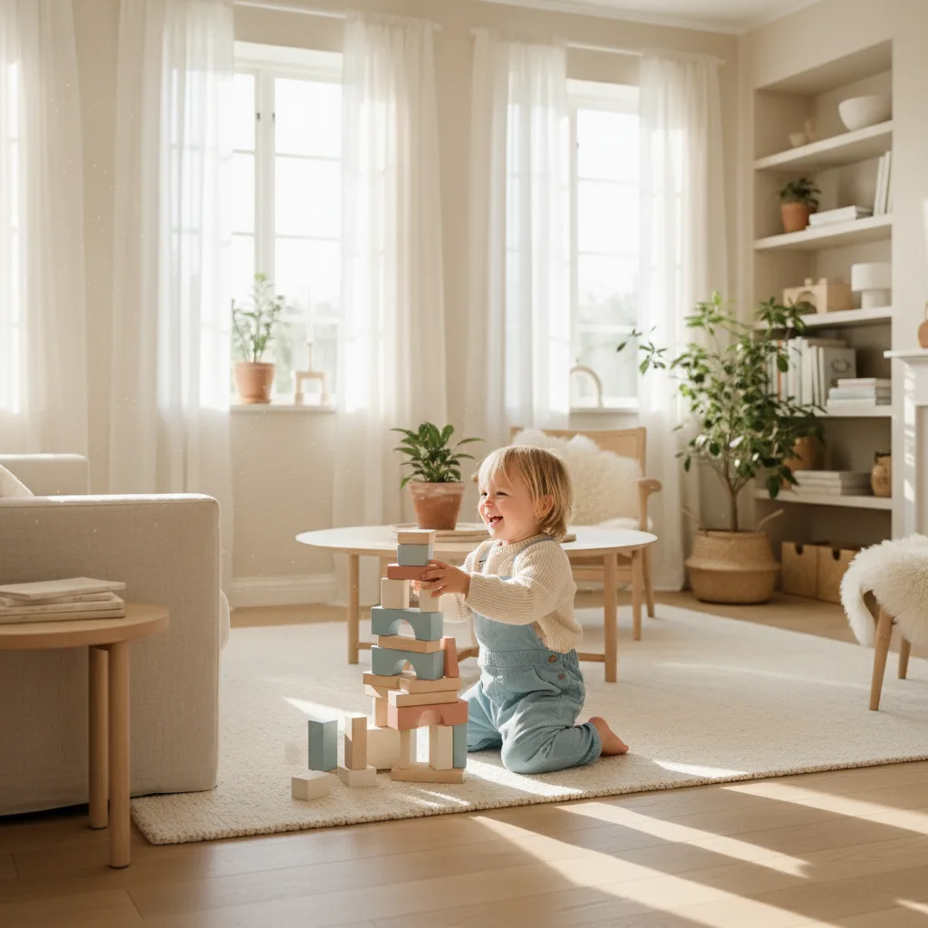 Toåring som leker energisk i stue om ettermiddagen i stedet for å sove