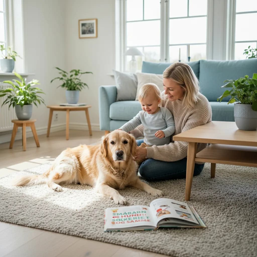 Småbarn som klapper en rolig hund forsiktig under tilsyn av forelder