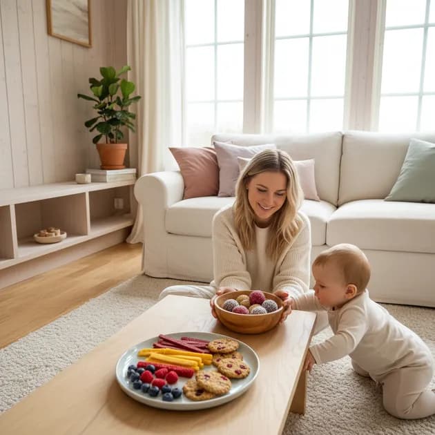 Fargerike sunne snacks for baby og småbarn på en tretallerken i et skandinavisk kjøkken