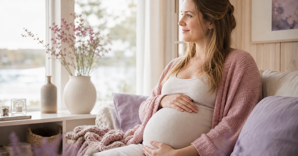 Gravid kvinne som sitter rolig ved et vindu med hånden på magen i et lyst skandinavisk rom