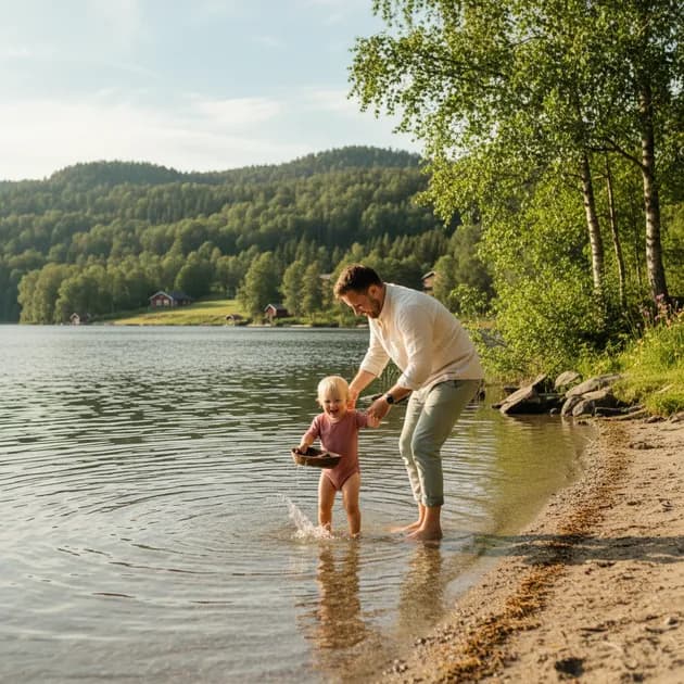 Barn som leker med bøtte og spade ved en norsk strand