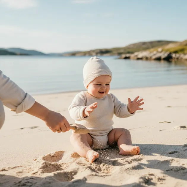 Baby som leker i gresset på en solrik sommerdag