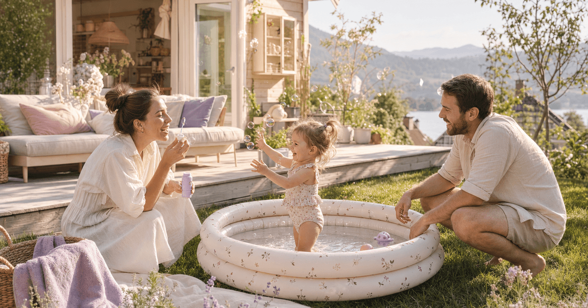 Familie med småbarn leker med vann og bobler i en norsk hage en solrik sommerdag