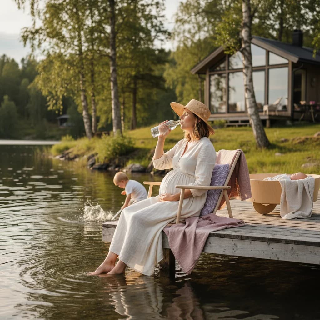 Gravid kvinne med solhatt som drikker vann ved sjøen i norsk sommerlanskap