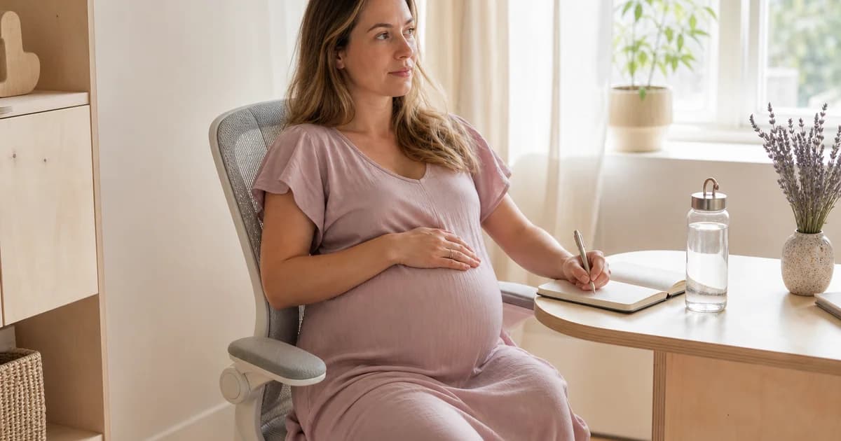Gravid kvinne sitter på pause på arbeidsplass i lyse sommerklær med vannflaske og notatblokk