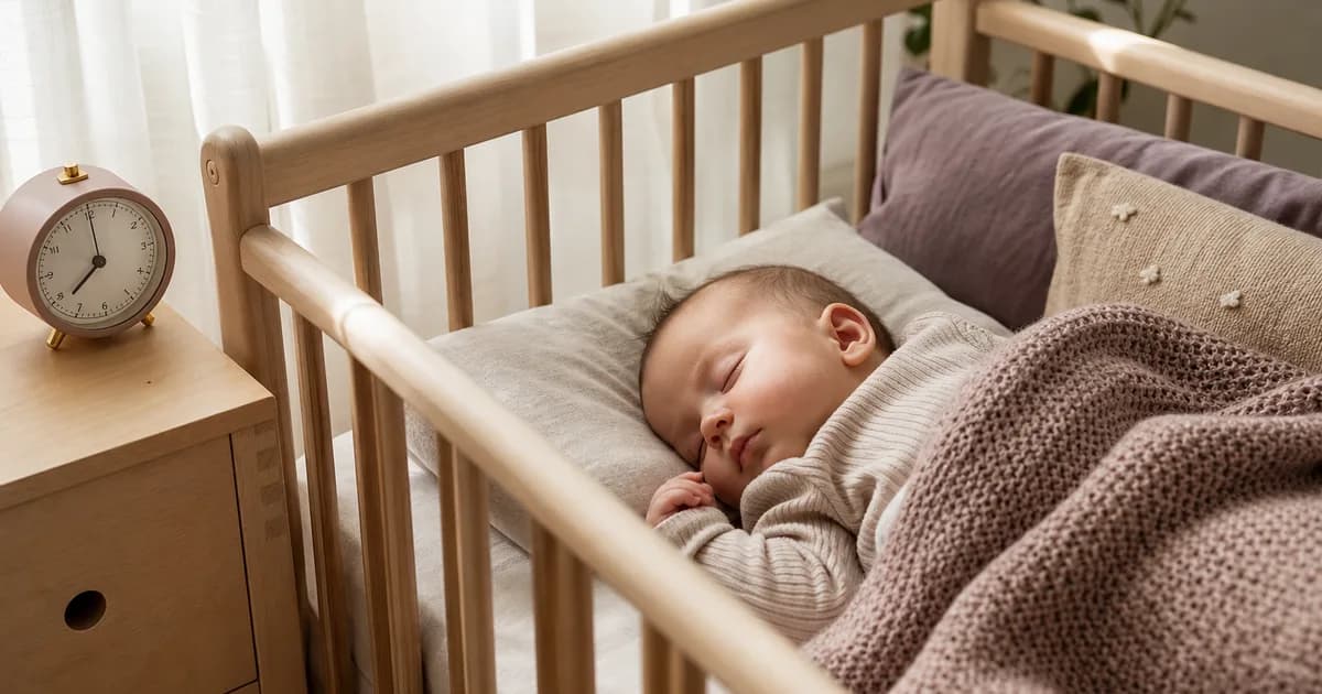 Baby som sover rolig i seng ved siden av en analog vekkerklokke i mykt morgenlys