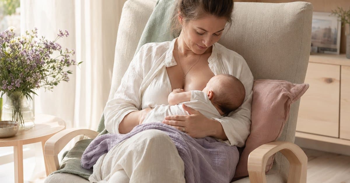 Mor sitter rolig i en lenestol og ammer babyen i et lyst og varmt hjemmemiljø