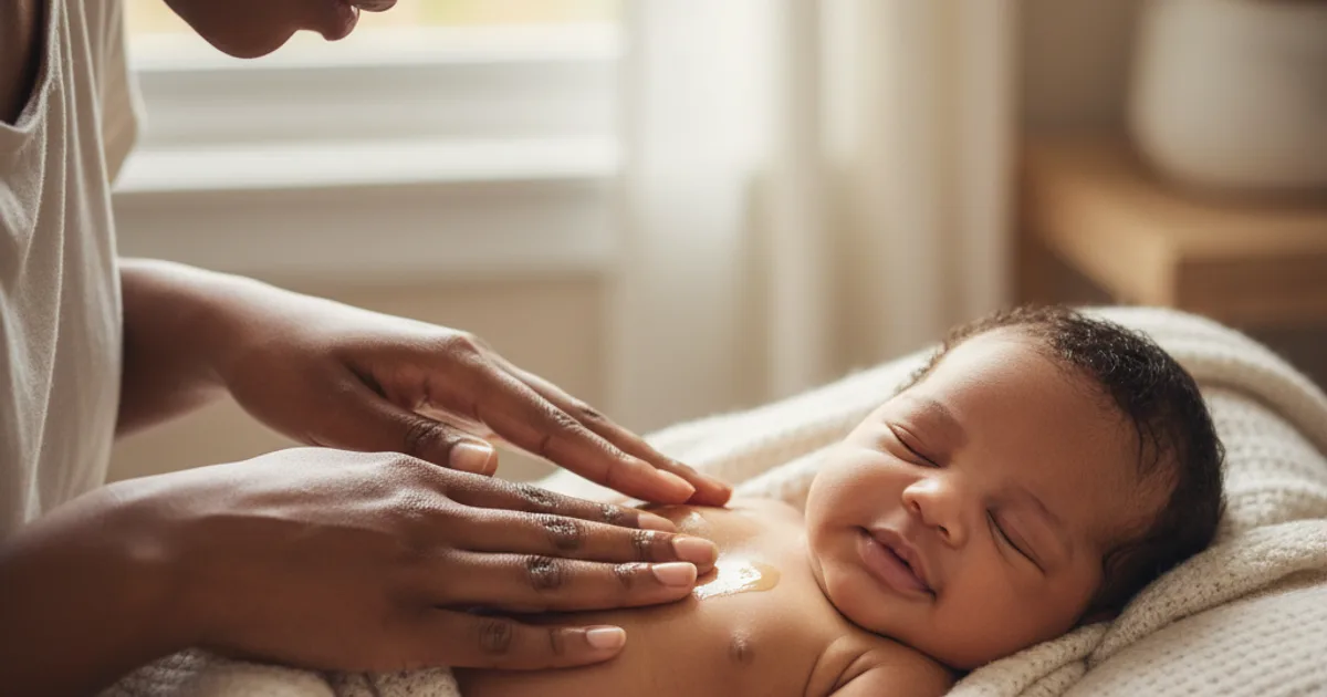 Mor som masserer en liten baby med olje på hendene