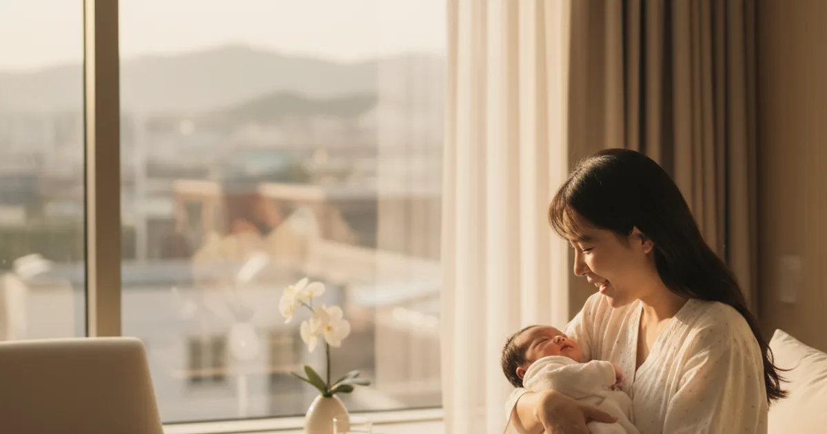 Sørkoreansk mor som holder en nyfødt baby i et moderne sykehusrom