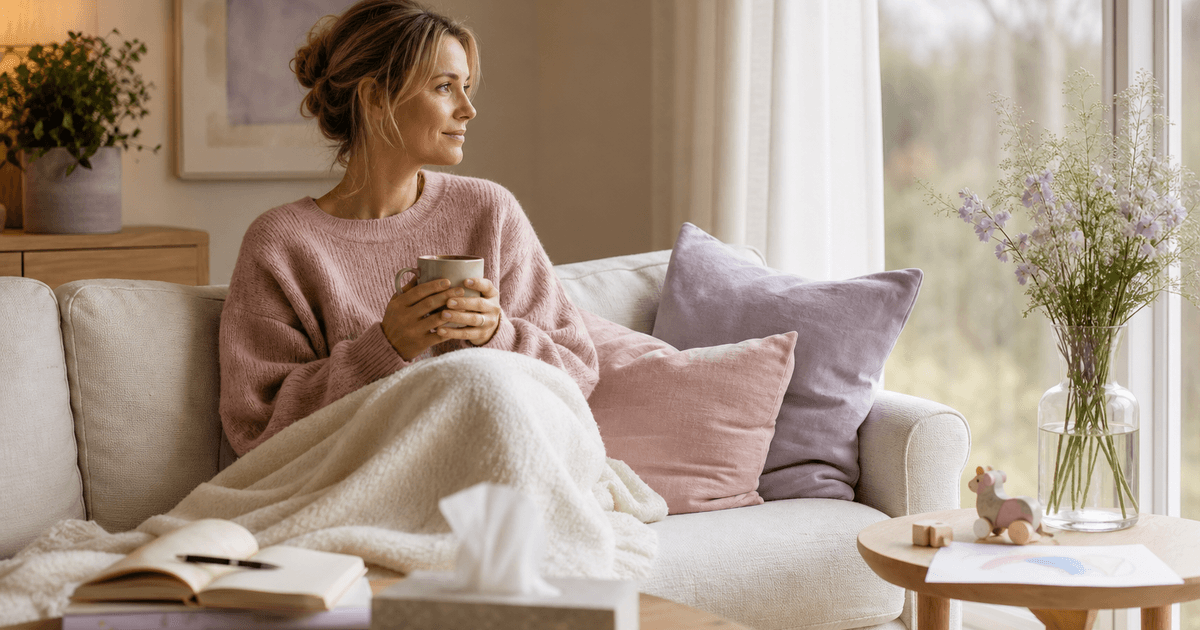 En forelder sitter ettertenksomt med en kaffekopp ved vinduet
