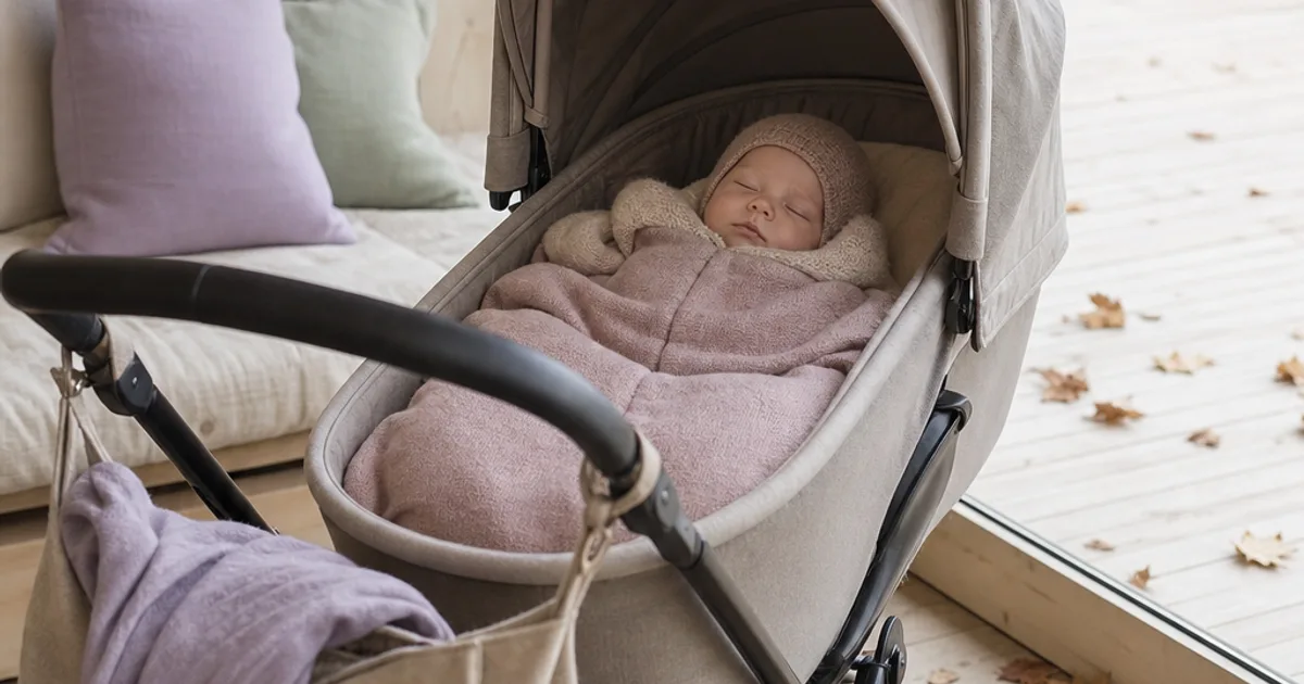 Barnevogn med sovende baby på en veranda en klar høstdag