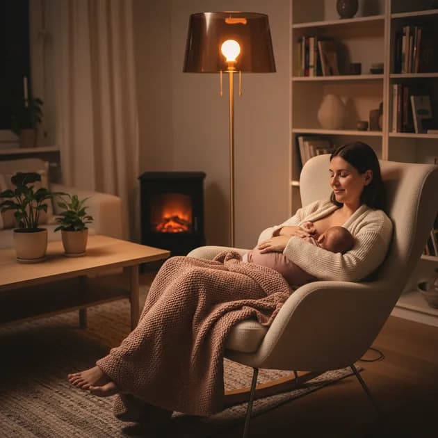 Mor som ammer baby i dempet belysning om natten i en rolig, nordisk soverom