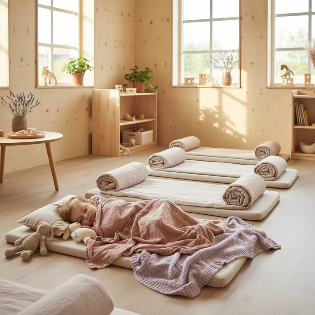 Småbarn som sover fredelig etter en dag i barnehagen