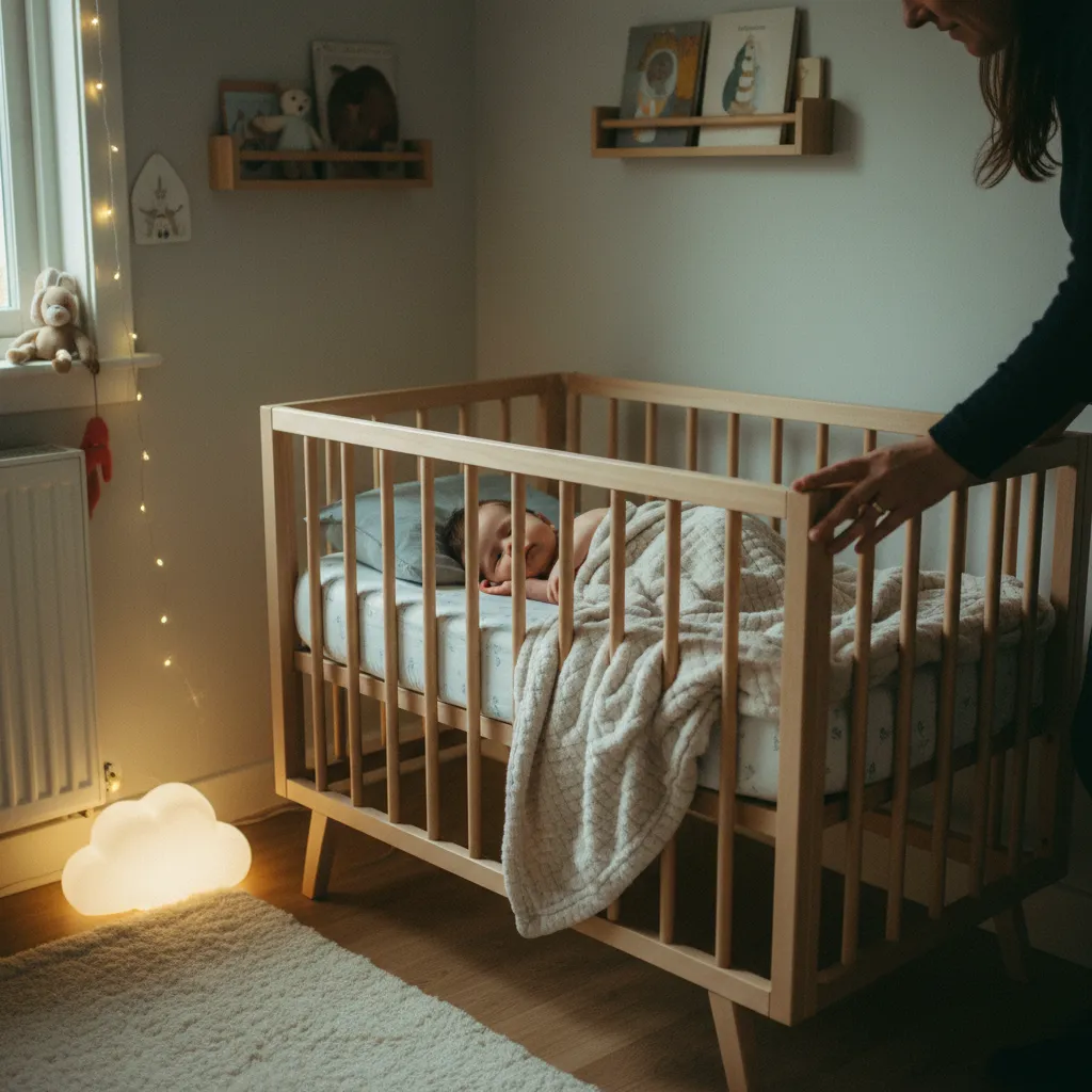 Sovende baby i sprinkelseng med dempet belysning i et koselig barnerom