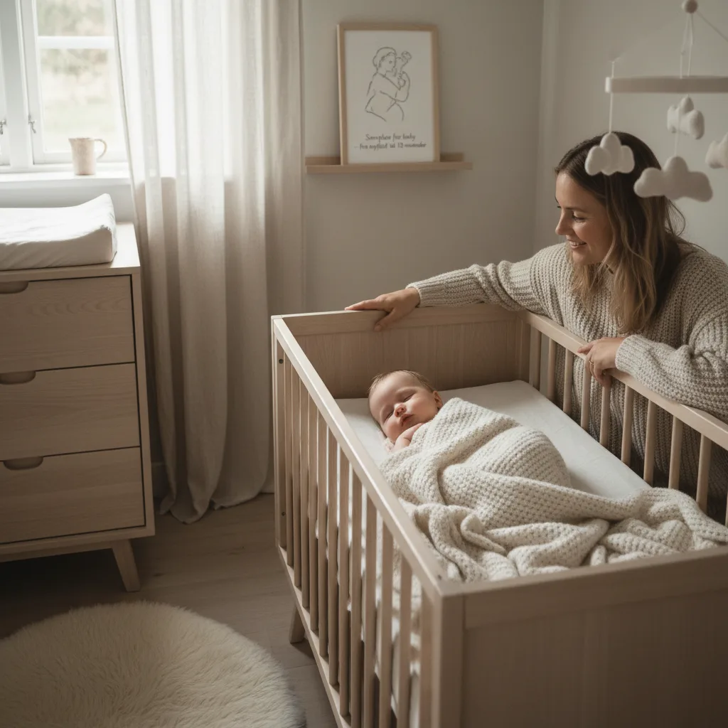 Mor som legger baby i barneseng i et rolig, nordisk soverom