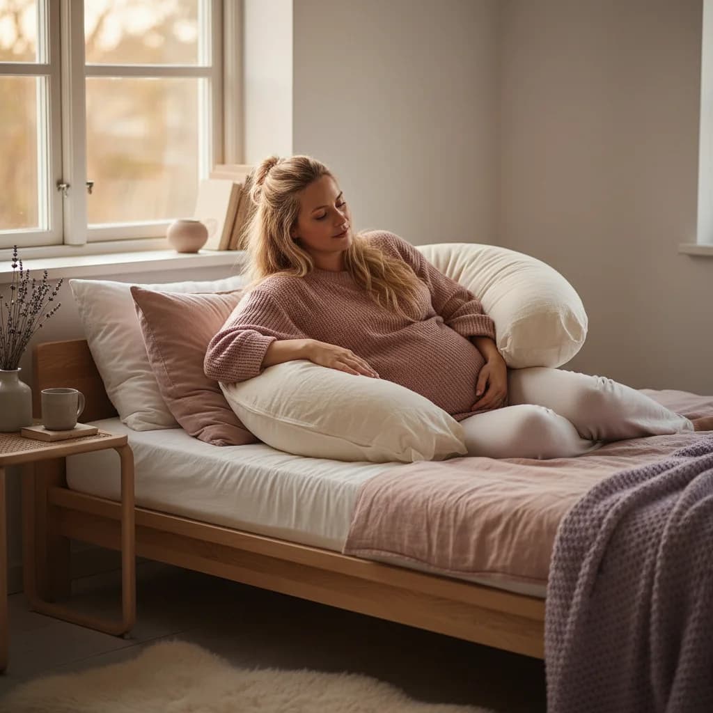 Gravid kvinne som sover på siden med ammepute mellom knærne