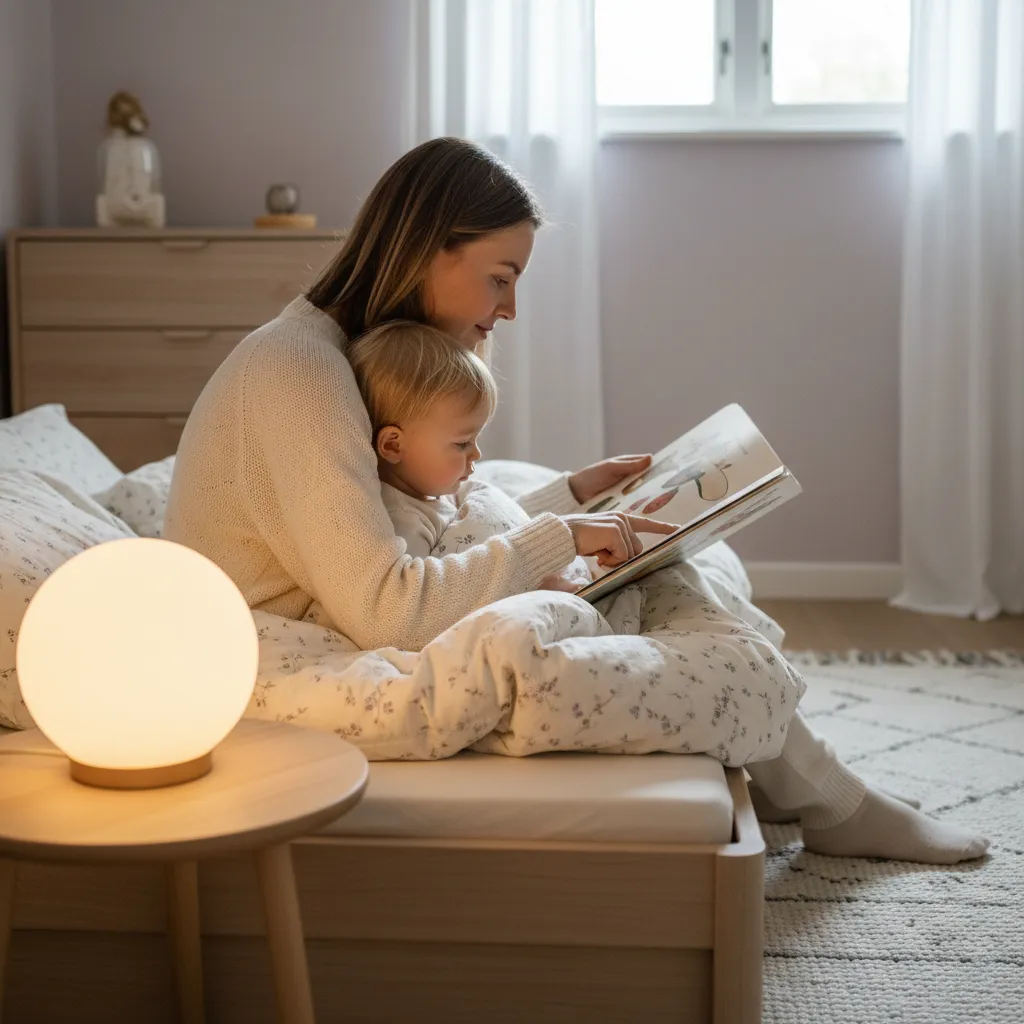 Lite barn som sover fredelig i en koselig seng med nattlys i et skandinavisk barnerom
