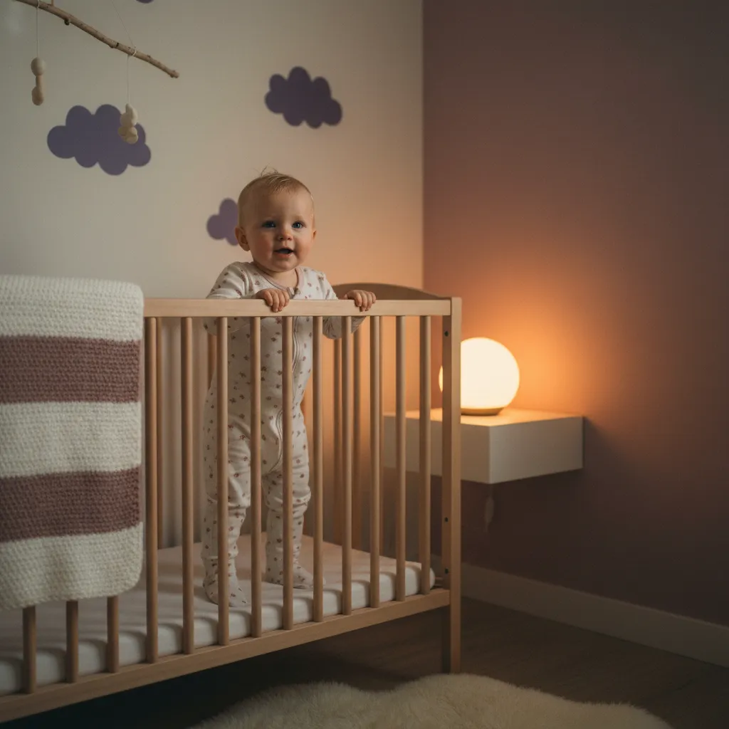 Baby som holder seg opp i sprinkelsengen om natten