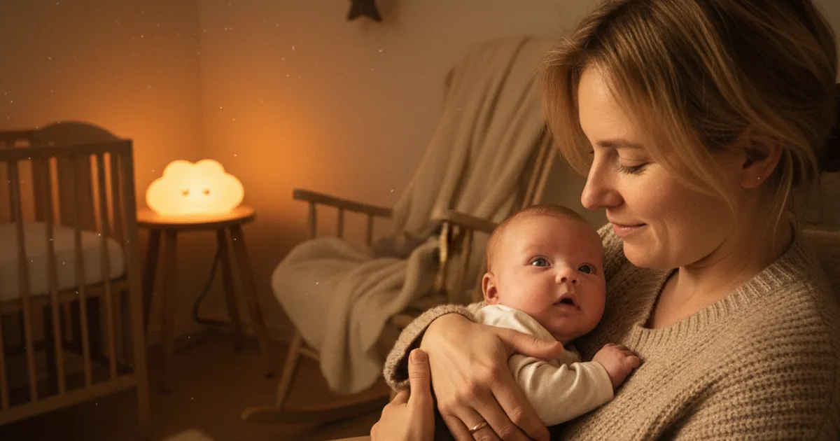 Forelder som trøster en våken baby om natten i et koselig nordisk barnerom med dempet belysning