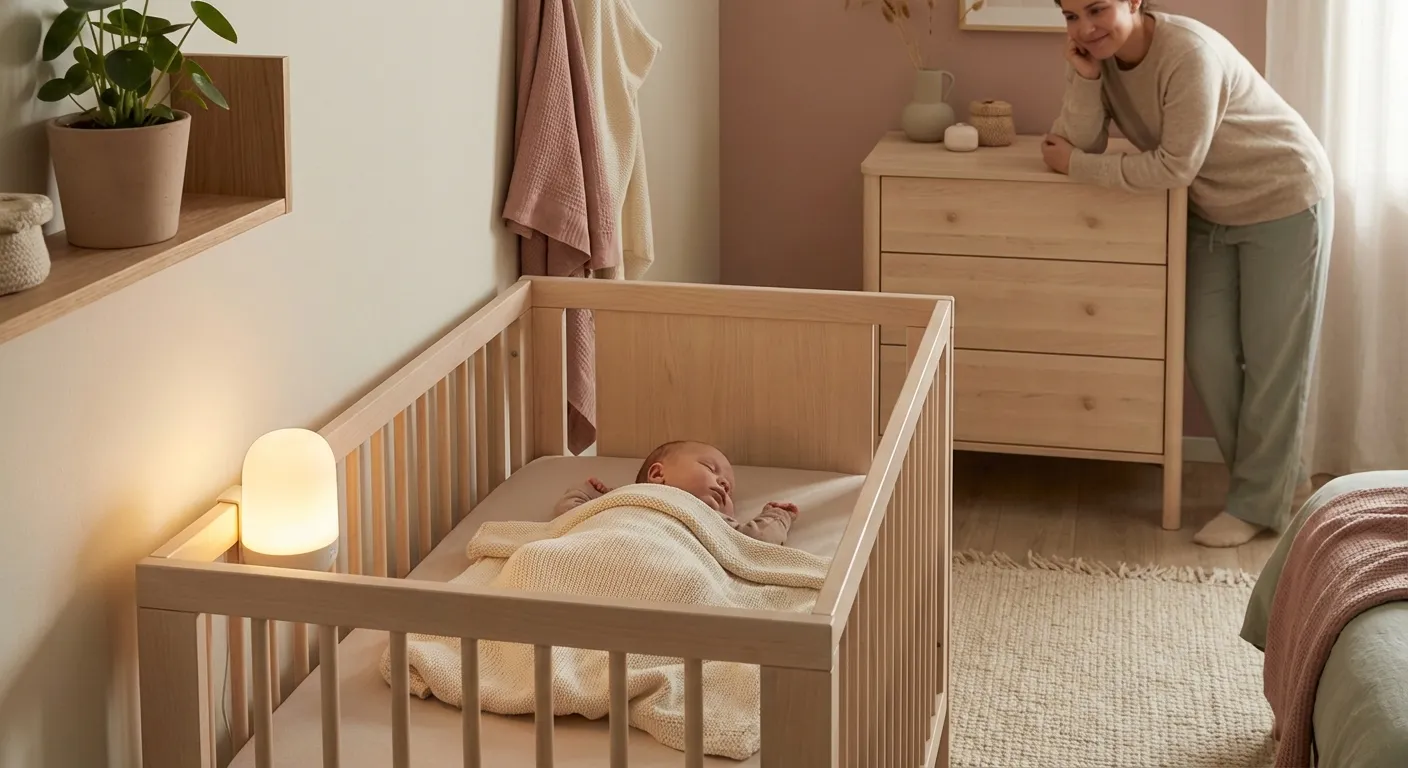 Nyfødt baby som sover trygt på ryggen i skandinavisk barnerom
