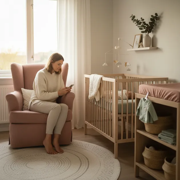 Mor som sjekker søvnsporer på mobilen mens baby sover trygt i sengen