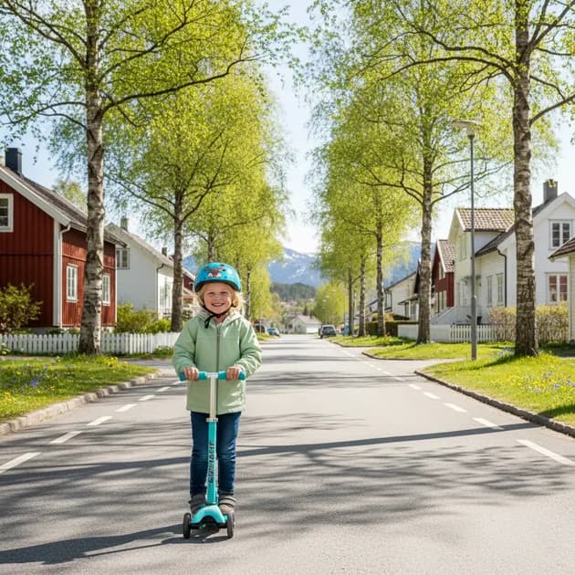 Barn på sparkesykkel i en park med sykkelhjelm på