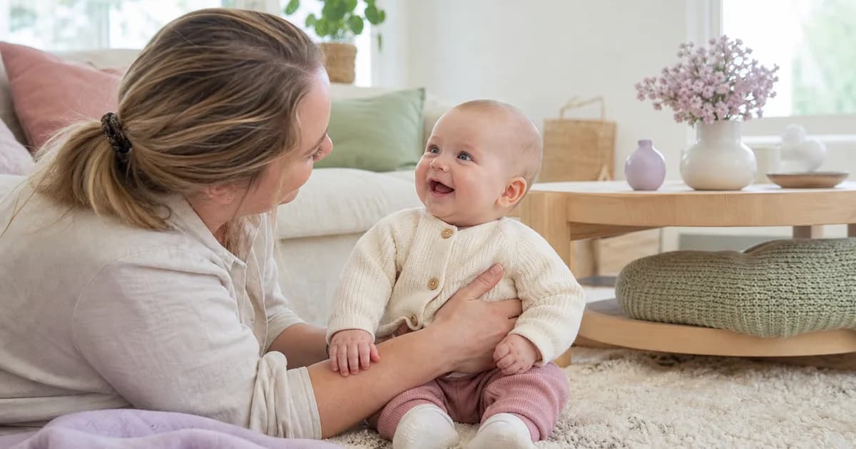 Smilende spedbarn på rundt et halvt år som sitter med støtte og ser mot forelderen