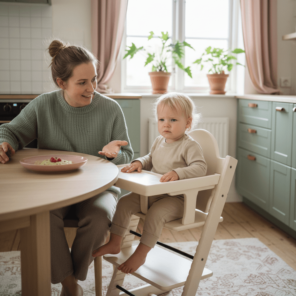 Småbarn som sitter ved matbordet med fargerik mat i et lyst skandinavisk kjøkken
