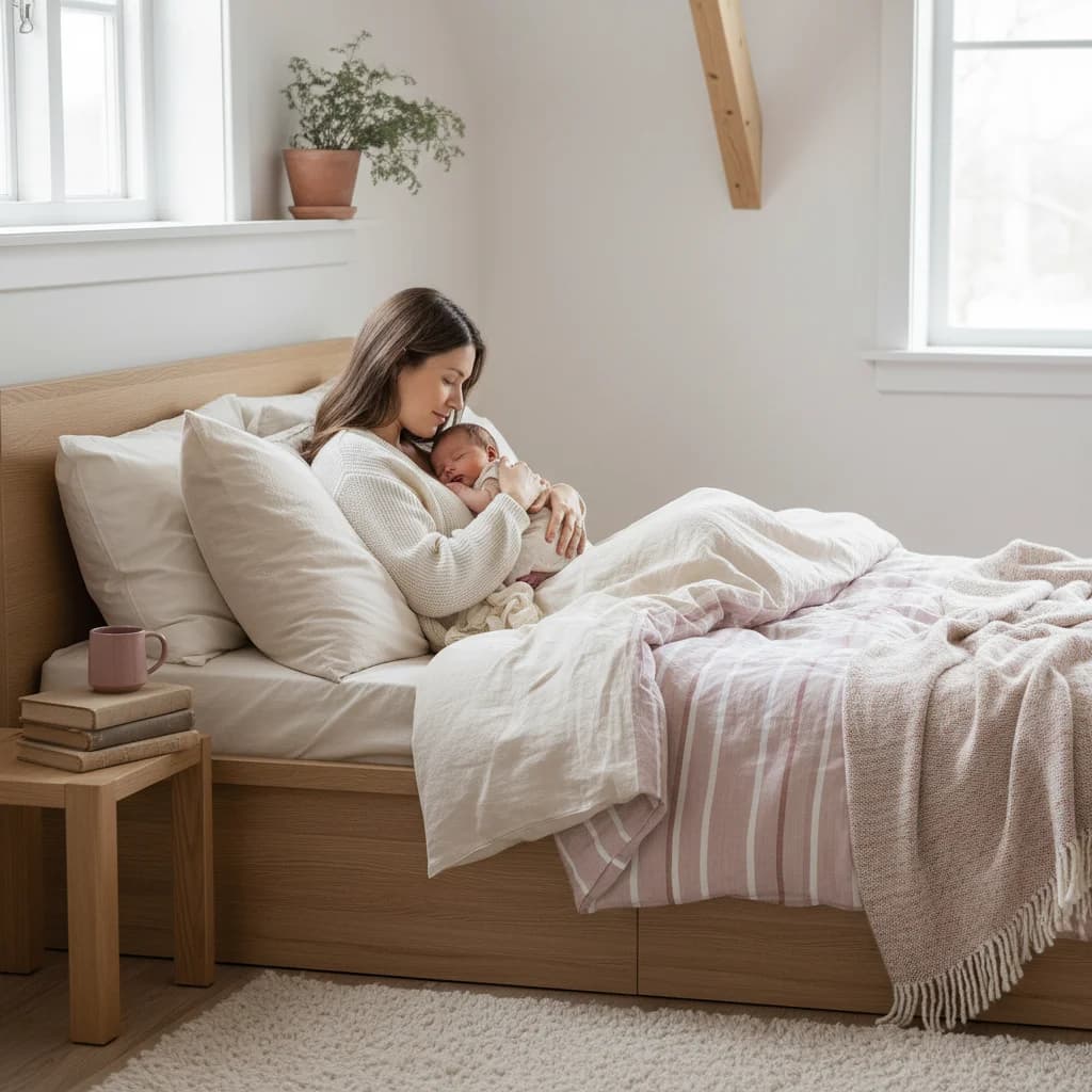 Nybakt mor som hviler i sengen med en nyfødt baby ved siden av seg