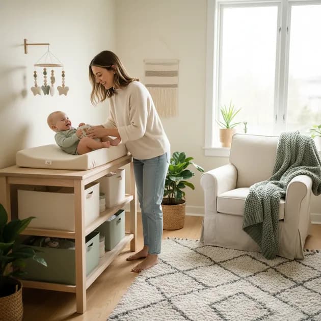 Mor skifter bleie på baby på et stellebord i et lyst skandinavisk barnerom