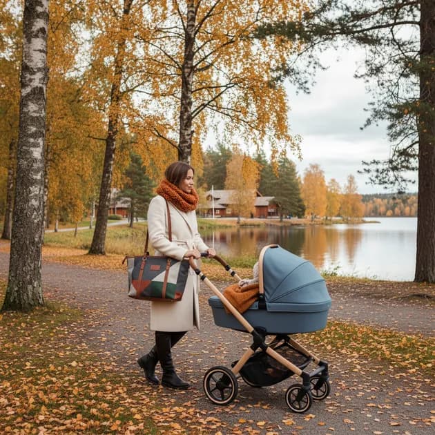 Mor med stelleveske og baby ute på tur i en norsk park