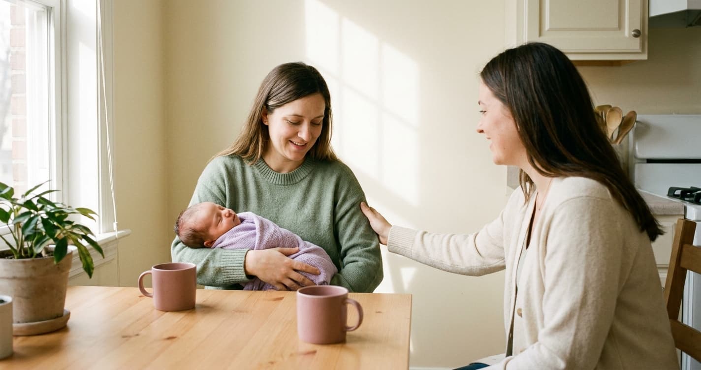 To venninner sitter sammen ved kjøkkenbord med kaffekopper og nyfødt baby
