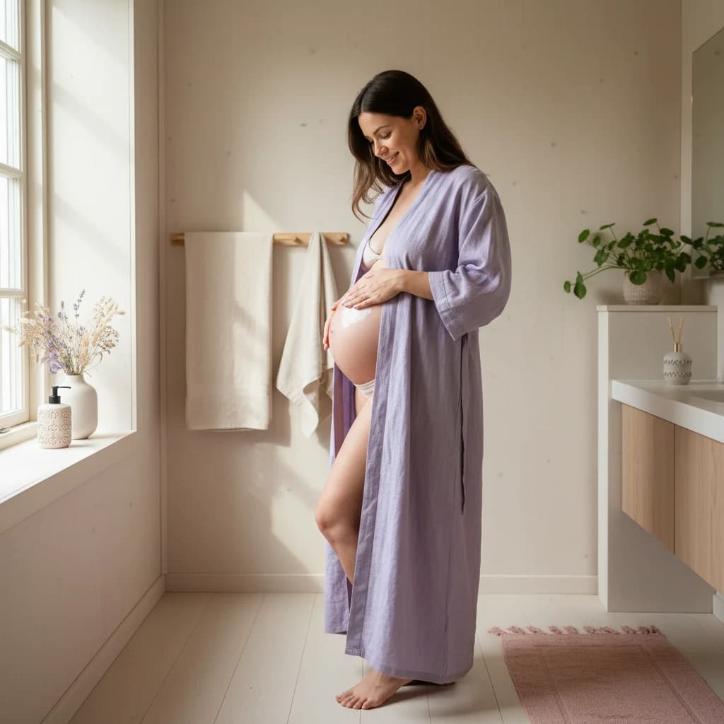 Gravid kvinne som smører krem på magen for å forebygge strekkmerker