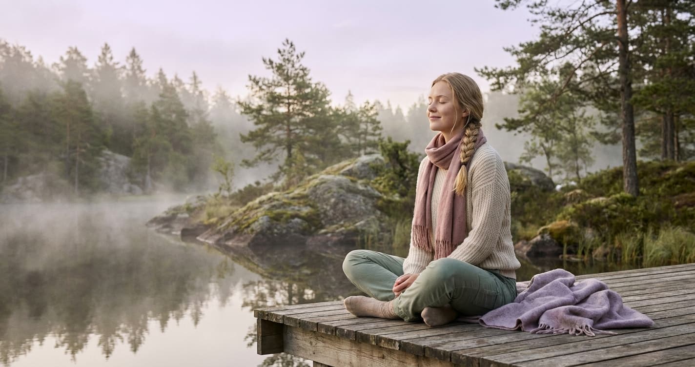 Rolig kvinne som gjør mindfulness-meditasjon ute i norsk natur