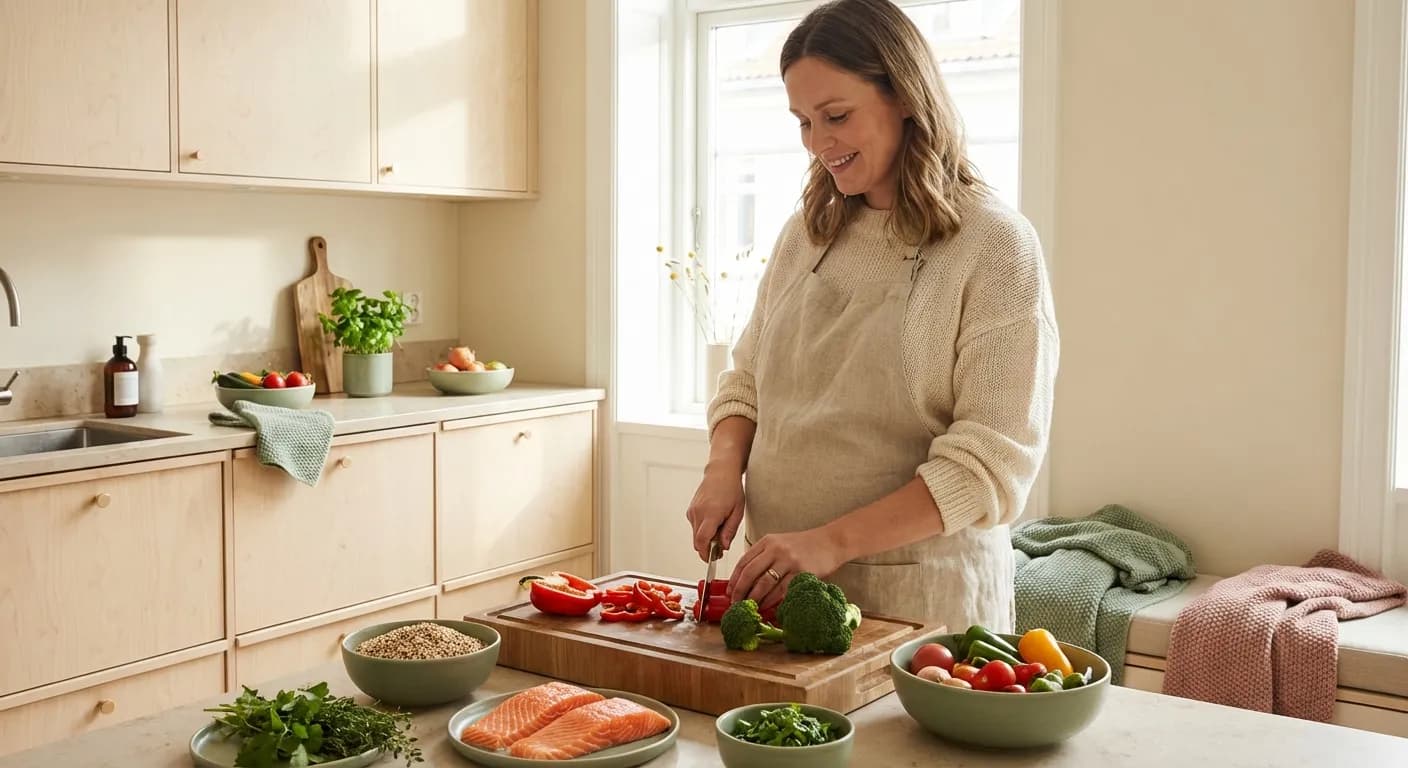 Gravid kvinne som spiser et sunt måltid med grønnsaker og fullkorn