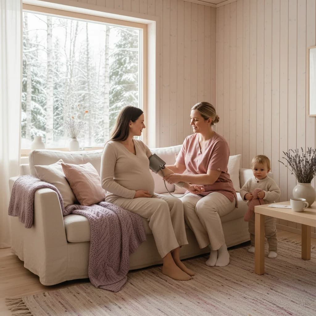 Gravid kvinne i samtale med jordmor på helsestasjon