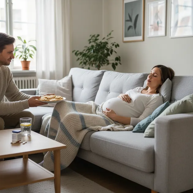 Gravid kvinne som hviler i sengen med et glass vann på nattbordet