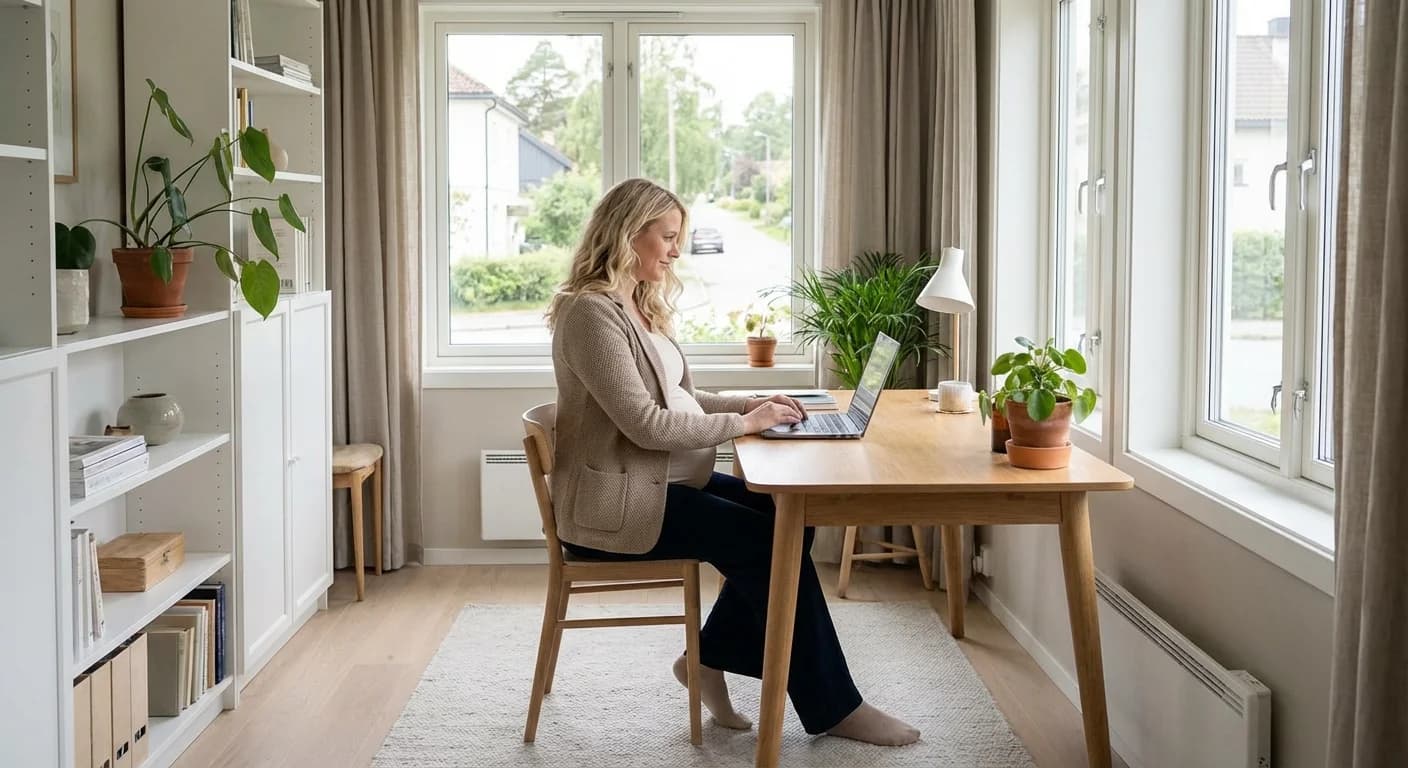 Gravid kvinne som holder seg på magen hjemme, smilende og avslappet