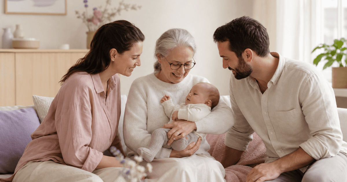 En bestemor holder en baby mens foreldrene ser på i et lyst rom