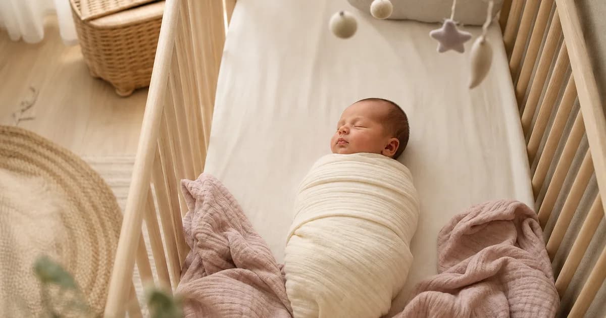 Nyfødt baby som ligger trygt svøpt på ryggen i en lys, skandinavisk barneseng