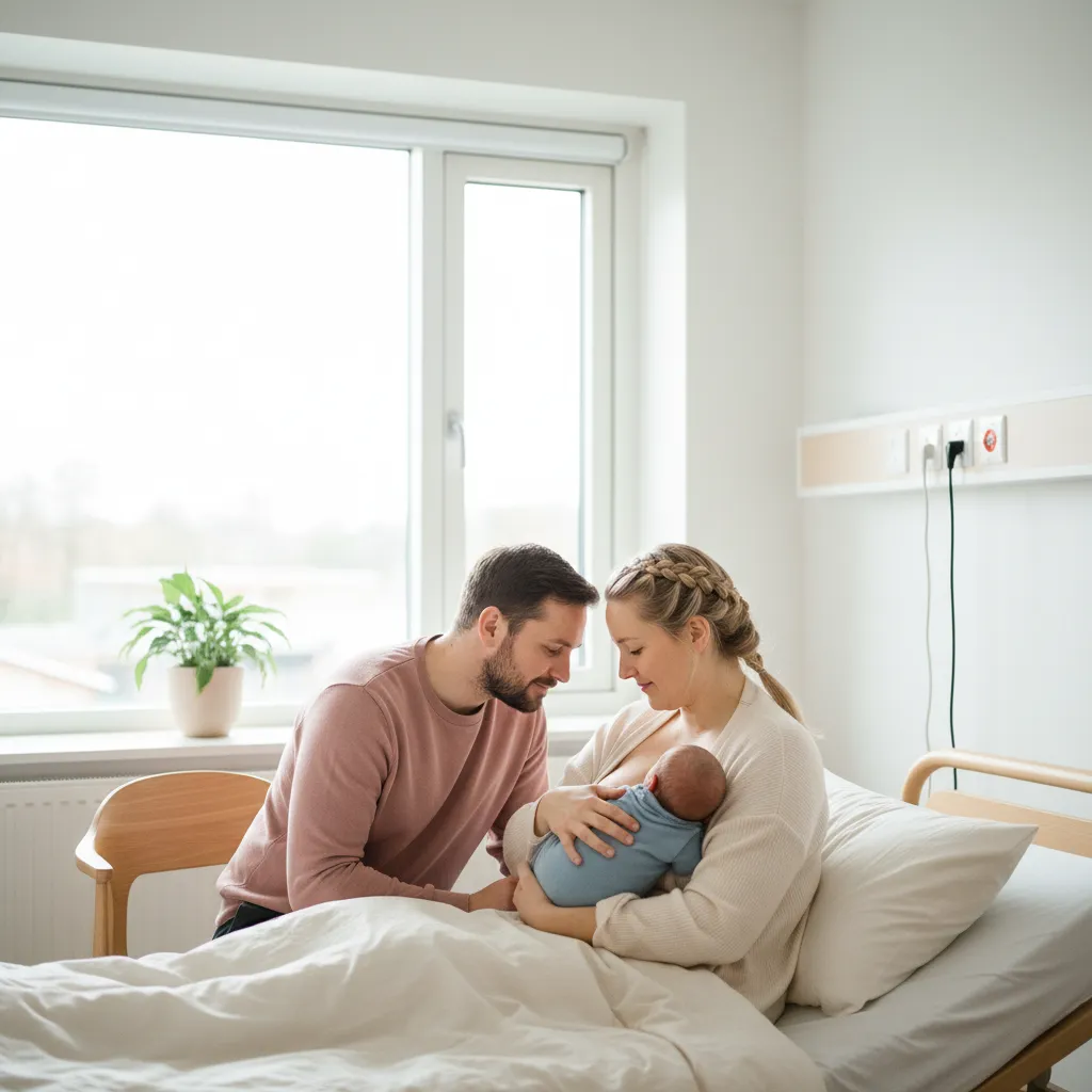 Nybakte foreldre holder nyfødt baby i armene på en lys barselavdeling