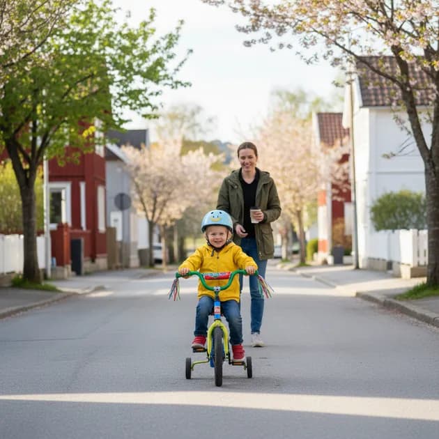 Lite barn som sykler på en fargerik sykkel i en park om sommeren