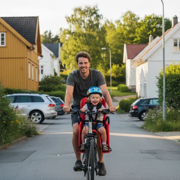 Forelder sykler med barn i sykkelsete på norsk sykkelvei