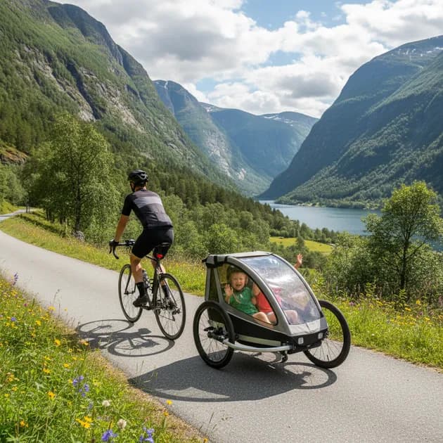Forelder sykler med barn i sykkelvogn langs norsk sykkelvei