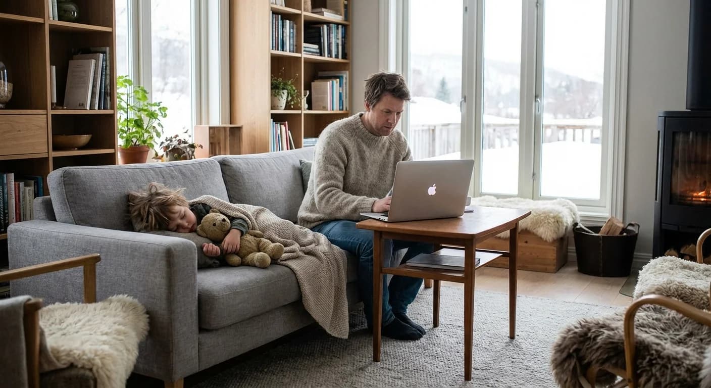 Forelder som trøster sykt barn hjemme i sofaen