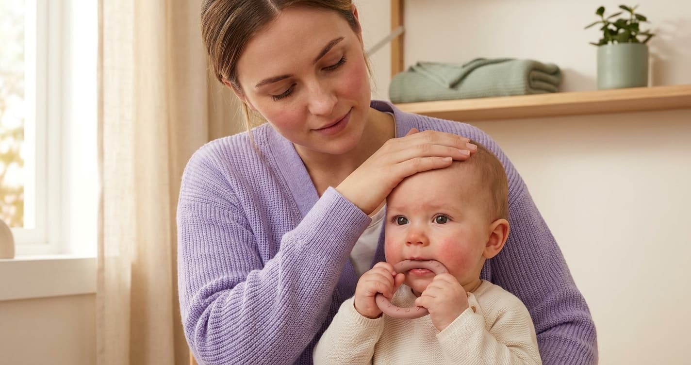 Bekymret mor holder hånd mot baby som har rødkinner og tygger på bitering