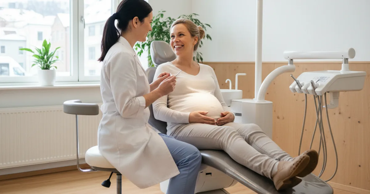 Gravid kvinne som smiler hos tannlegen under en trygg tannbehandling